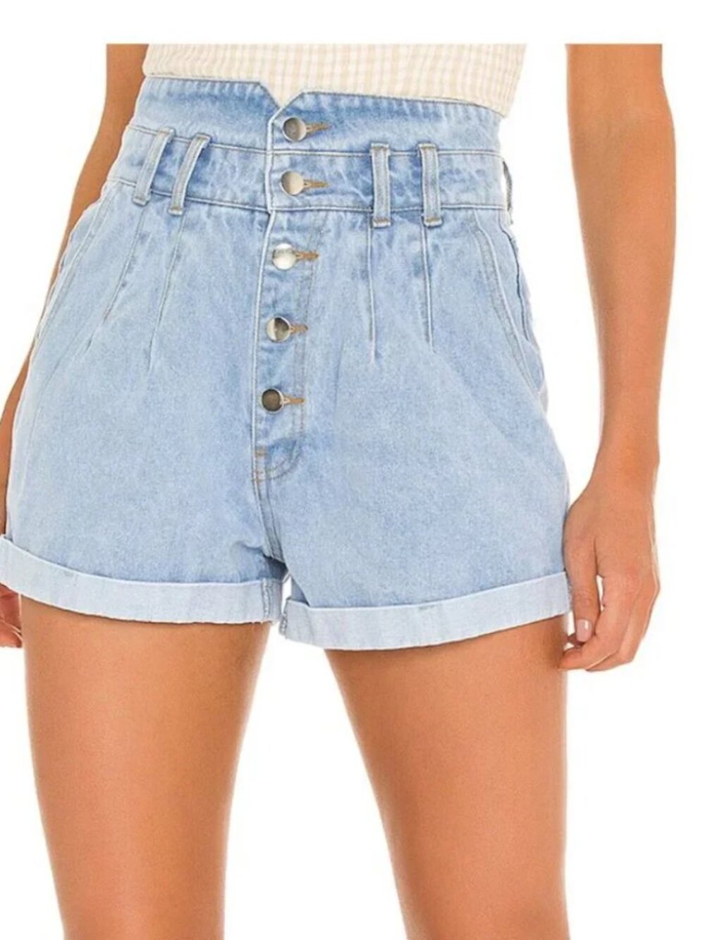 ASTR The Label Davina Shorts Womens XS Blue Denim High Waist‎ Cuffed Pleated